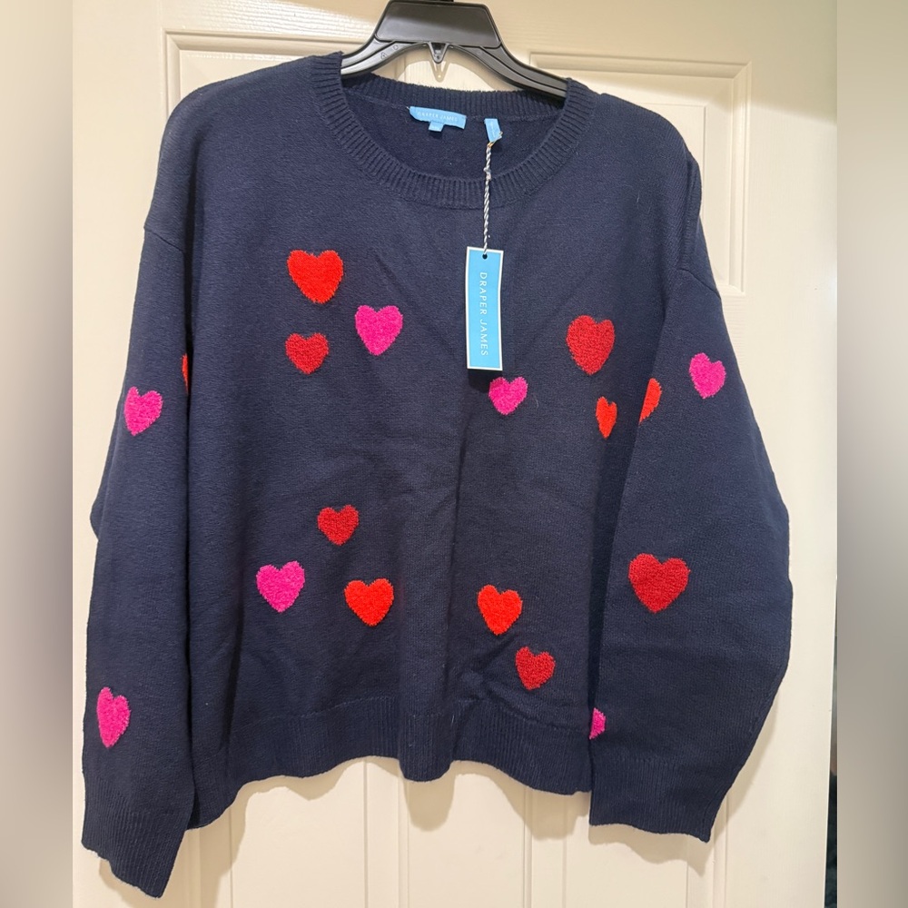 Draper James Navy Sweater with Heart Accents Valentines Day